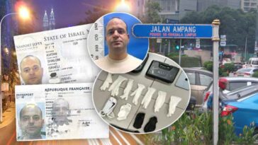 מעצר שלום אביטן במלזיה בצירוף דרכונים ואמצעי לחימה שנמצאו ברשותו. תצלומי מעצר באדיבות משטרת מלזיה. רקע ג'אלאן אמפנג בו בוצע המעצר: Azreey