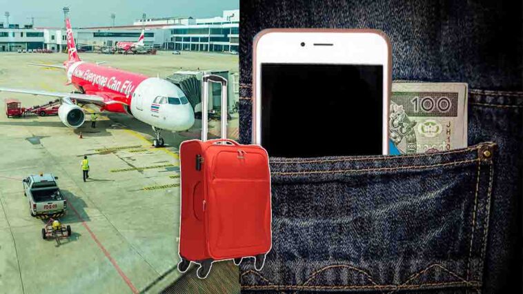 עיבוד תצלומים מזוודה, טלפון ניד בכיס יחד עם שטר כסף. ברקע מטוס בשדה התעופה סוואנאפום סמוך לבנגקוק בתאילנד
